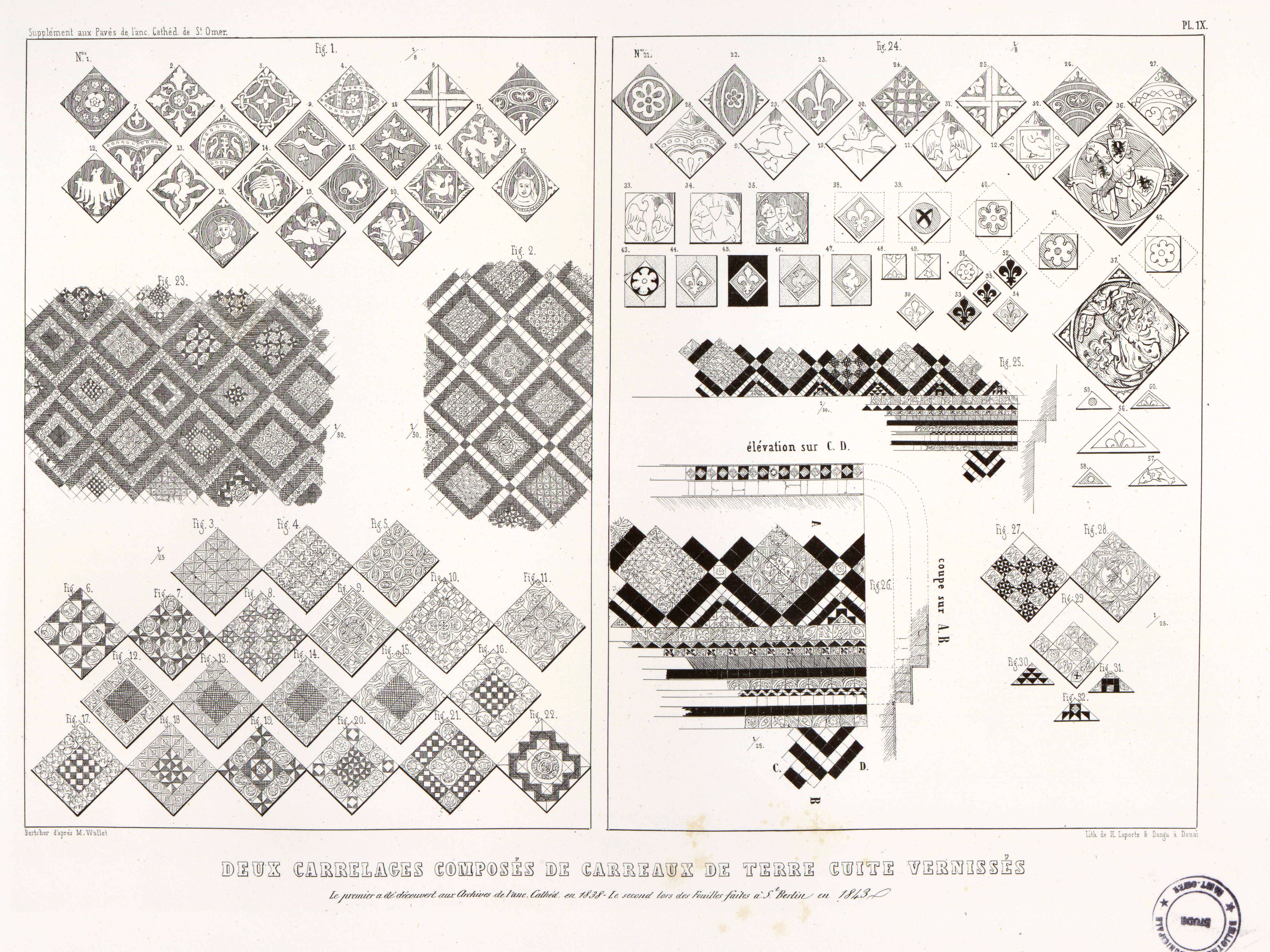 Planche IX : Deux carrelages composés de carreaux de terre cuite vernissés le premier a été découvert aux Archives de l’anc. Cathéd. en 1838 - Le second lors des Fouilles faites à St Bertin en 1843, Bertcher d’après M. Wallet, lithographie de H. Laporte et Dangu (CPE 653-79 bis/9)